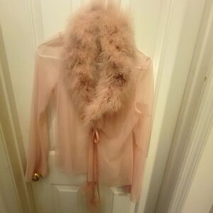 Elegant Blush Pink Sheer Jacket with Faux Fur Collar